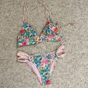 Swimsystems Pink Floral Halter Bikini with Lace Up Back Size Small